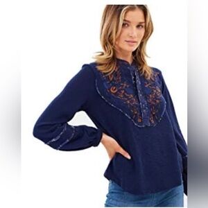 Free People Sundance Kid Navy Embroidered Women's Top